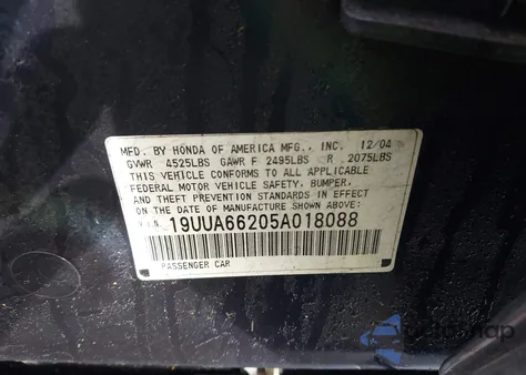 2005 Acura Tl from USA, damaged, VIN 19UUA66205A018088